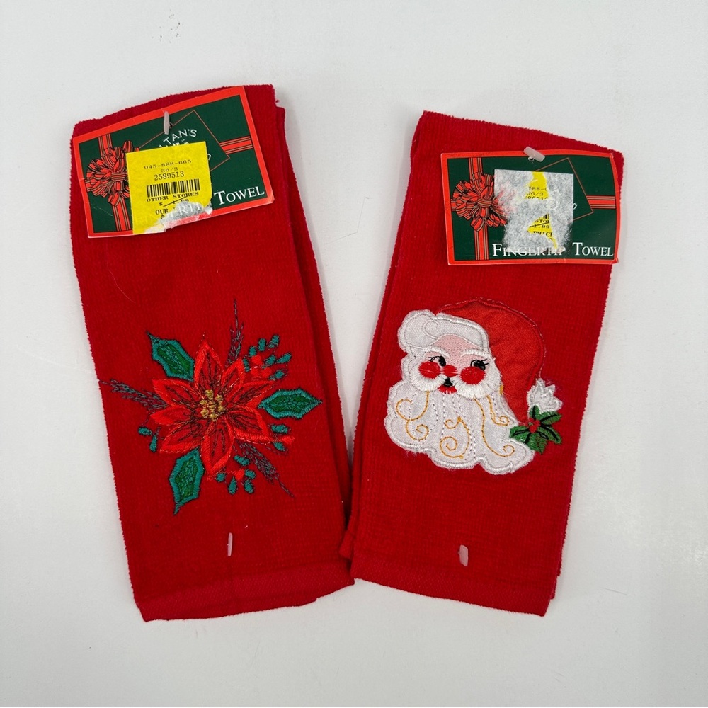 Vintage Sultan's Linens Fingertip Kitchen Bath Hand Towels Christmas Santa Red